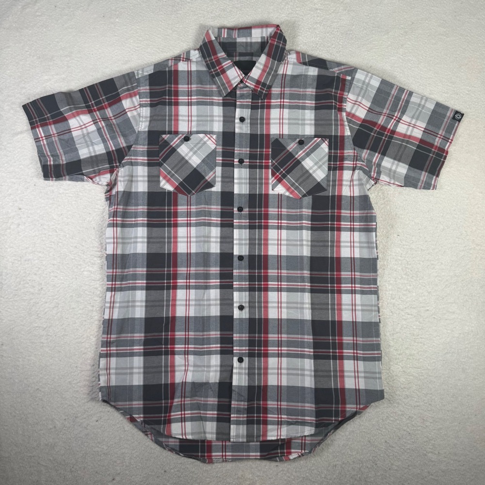 Akademiks Button Up Shirt Mens XL Red Grey Plaid Short Sleeve Excellent Pocket